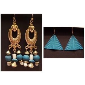 Vintage 2 pair of dangling earrings in gold & turquoise blue colors.